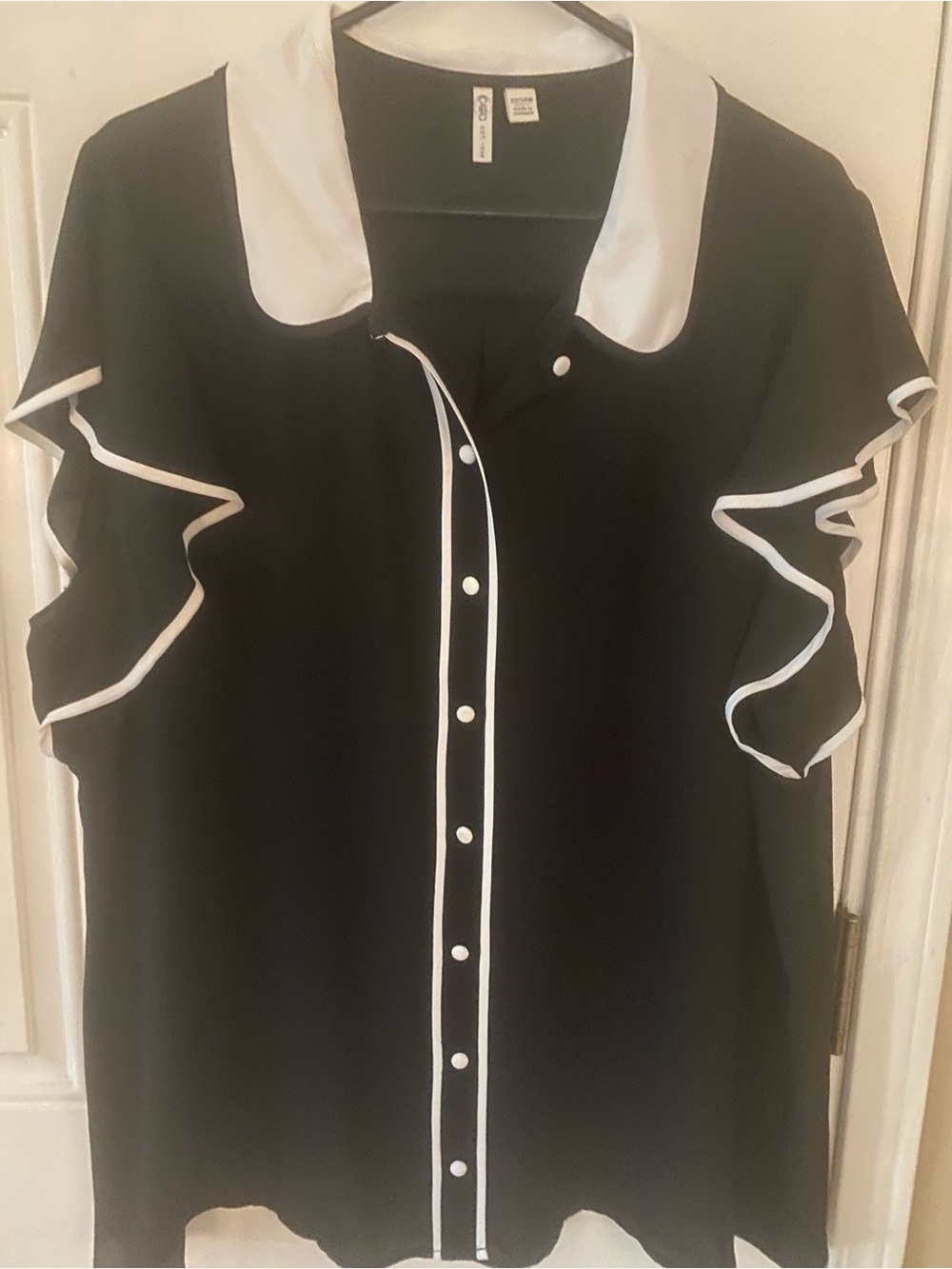 Cato Navy Blue Blouse with White Trim and Ruffle Sleeves